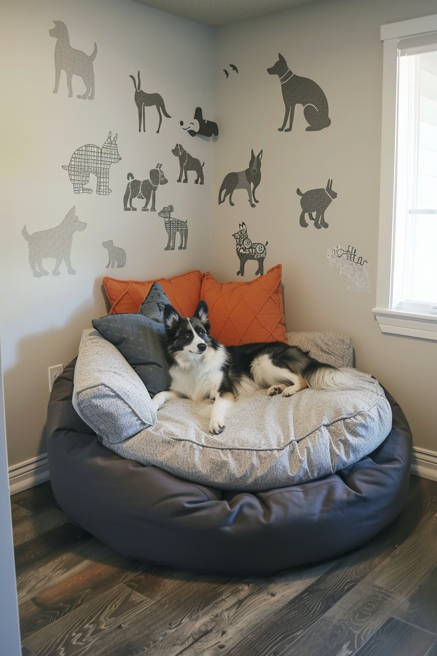 Personal dog corner design. Plush dog bed nestled against a wall adorned with dog-themed decals.