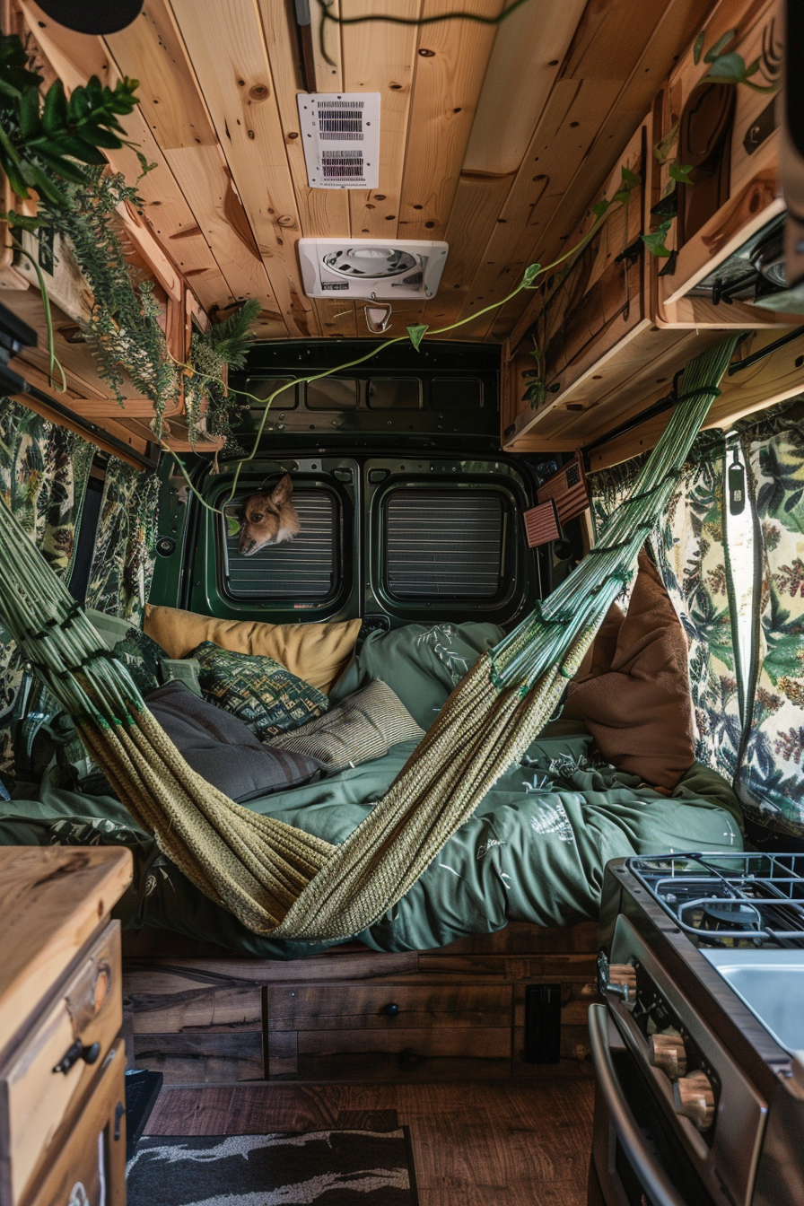 Converted Sprinter van camper. Full view of hammock-style netted storage and foliage pattern curtains.