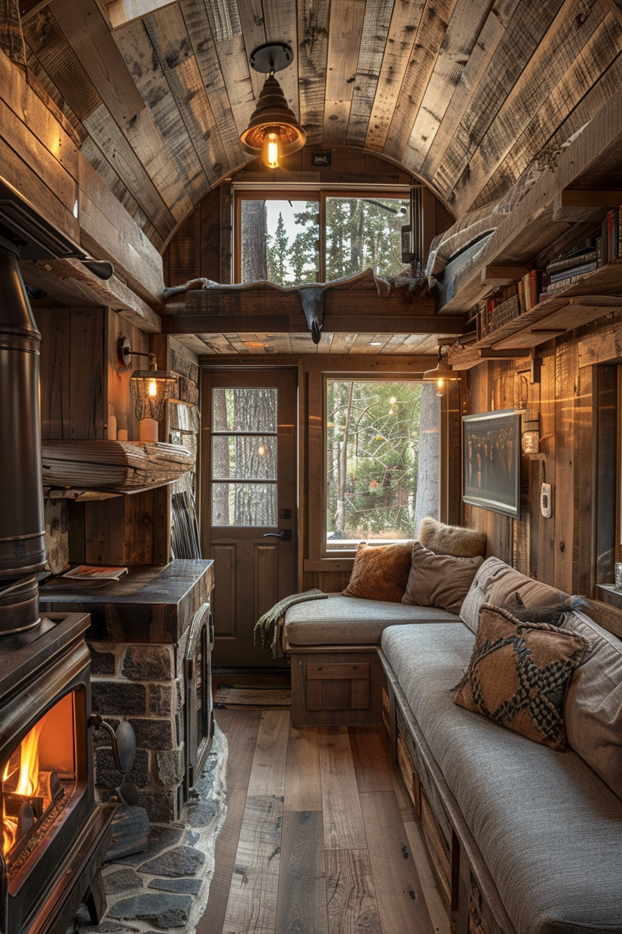 Tiny house living room. Wooden interiors with a roaring fireplace.