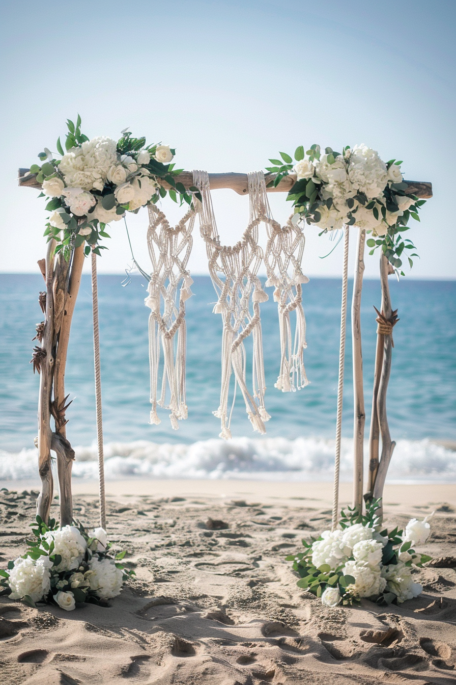 Beach wedding. Macrame arch with driftwood and white peonies.