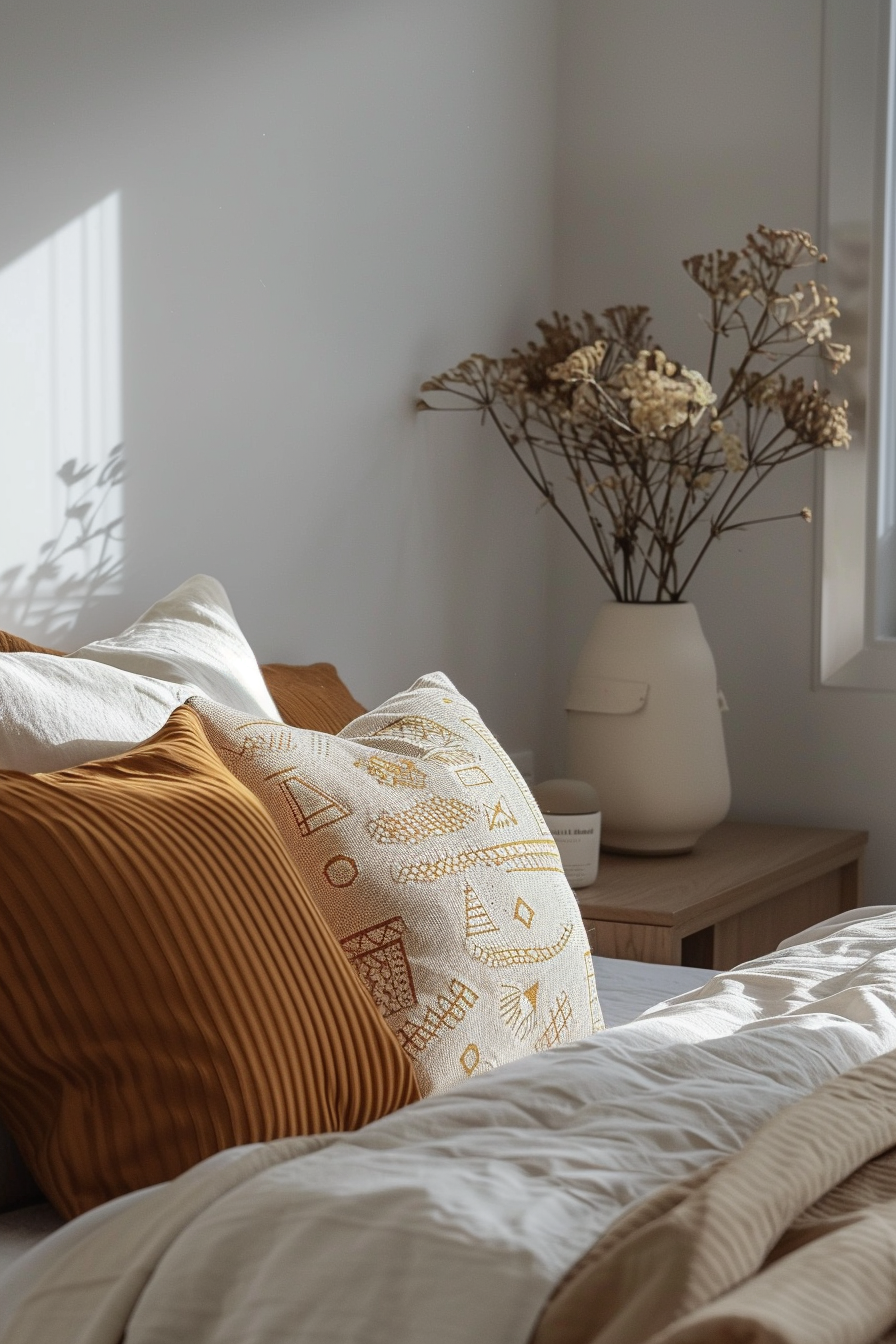 Japandi x Aztek bedroom design. Earthy toned bedding with geometric patterned cushions.