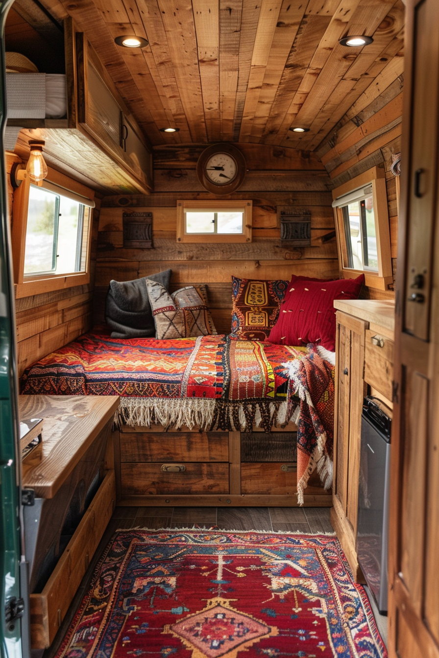 Modern camper van interior. Rustic wooden paneling with ornate Turkish rug.