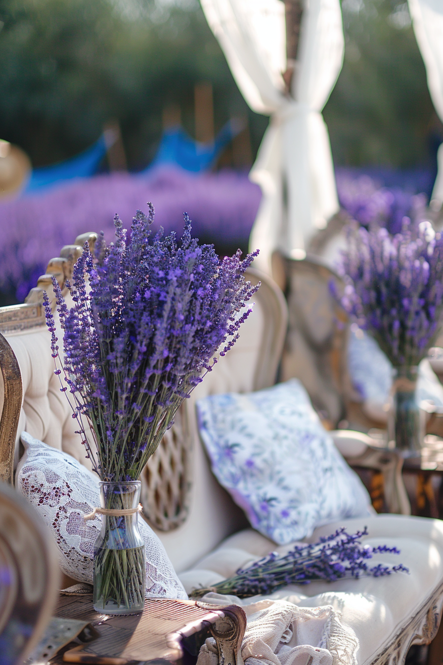 Wedding view. Lavender flowers for decorations with antique Boho-style furniture.