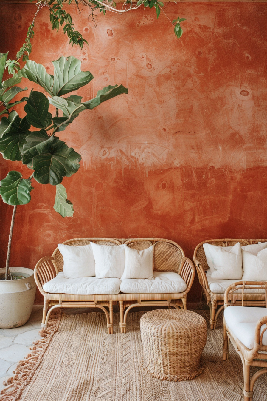 Boho-modern, earthy living room. Terracotta walls with large wicker furniture and verdant ficus plant.