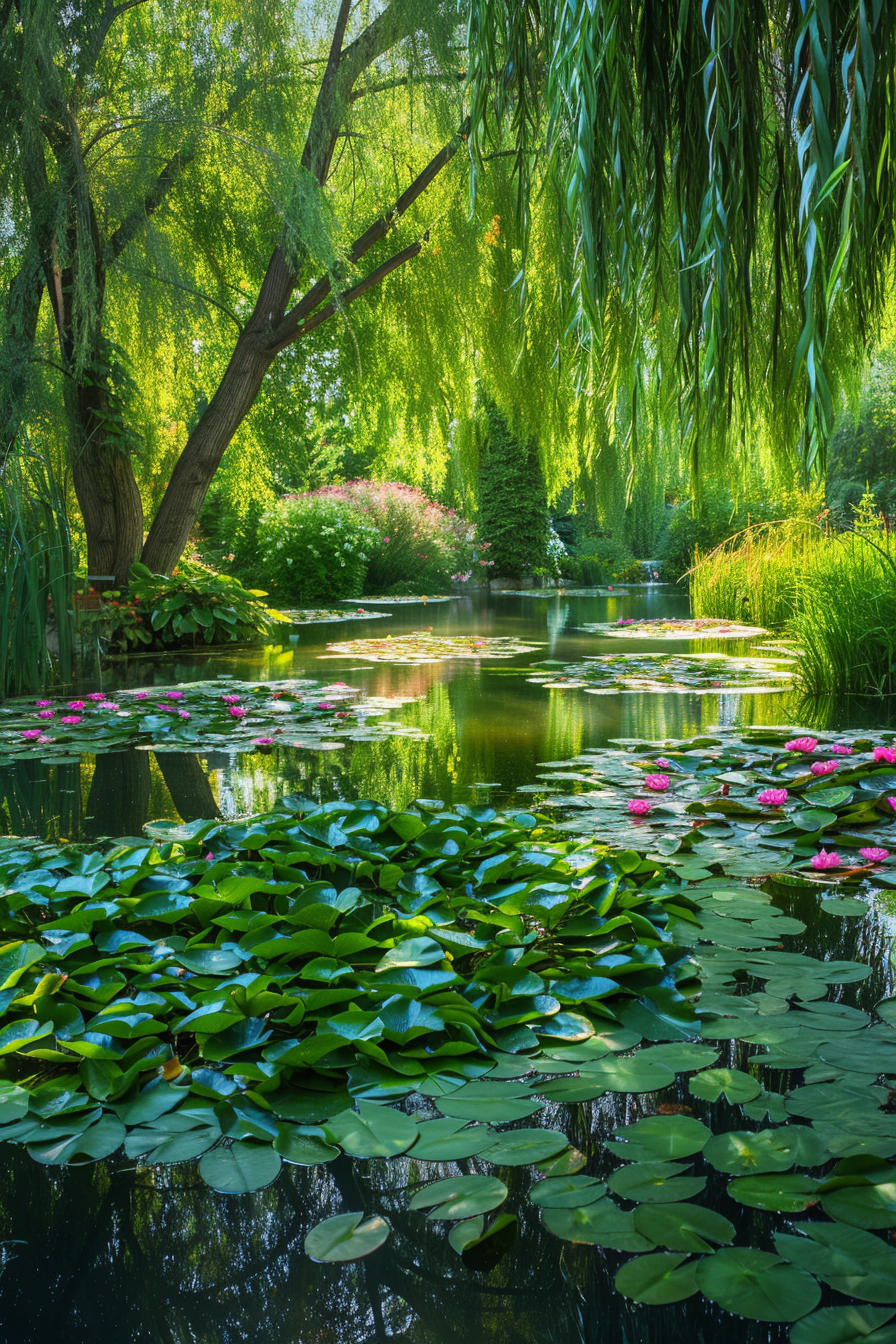 Beautiful backyard view. Lily pond shaded by a willow tree.