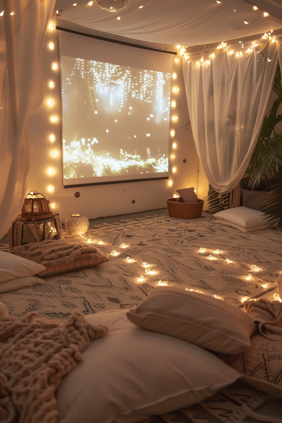 Movie night setup. Projector screen surrounded by fairy lights and tasseled bohemian picnic blankets.