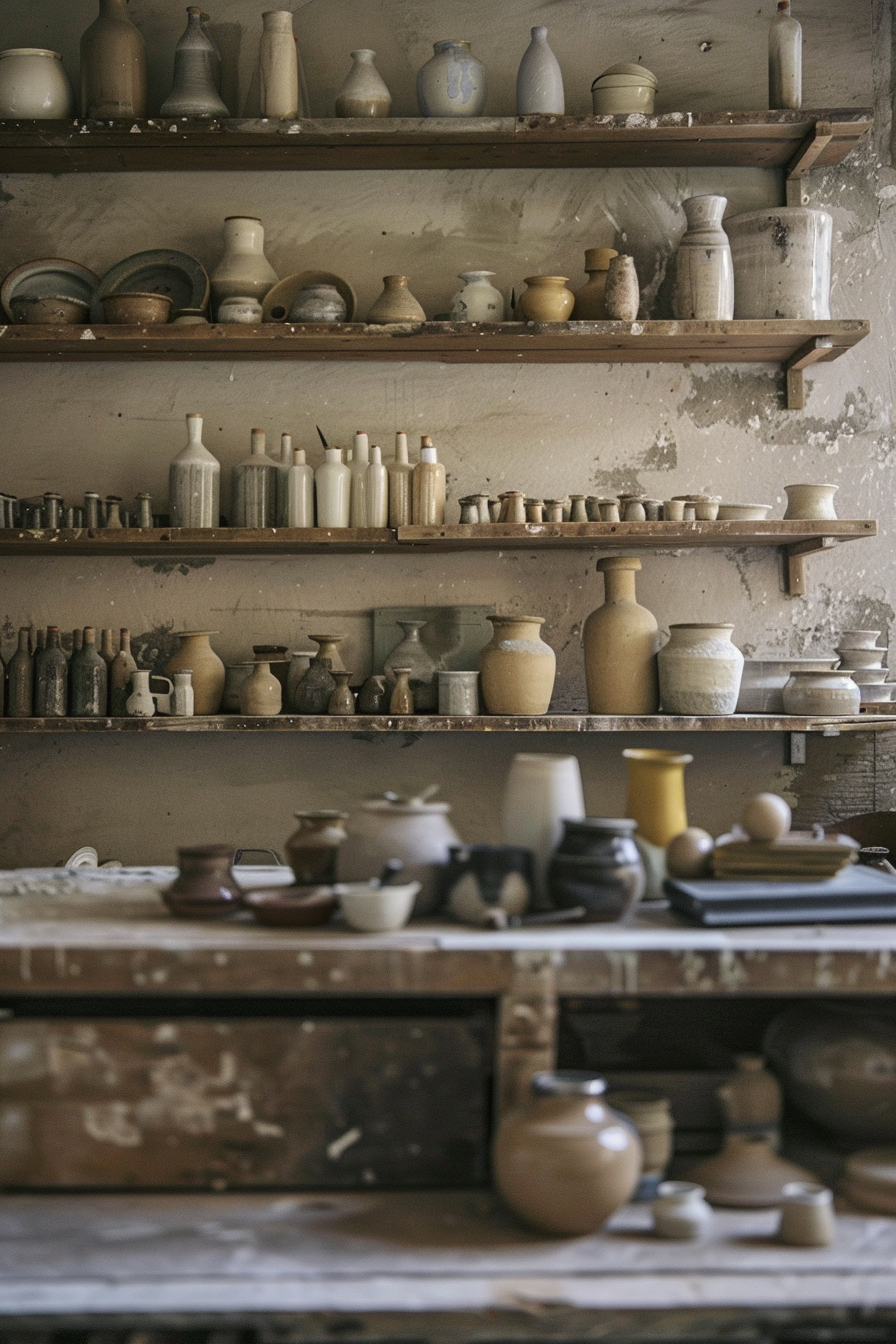 Clay workshop. Pine shelving units, daylight and multicolored ceramic jars.