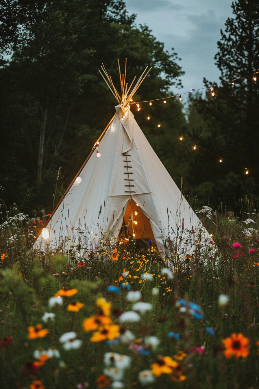 Boho wedding decor. Canvas teepee nestled in wildflower field, lit with fairy lights.