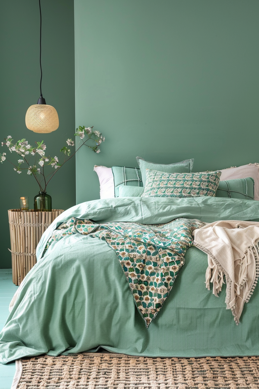 Aztek Japandi pastel bedroom. Green pastel walls with minimalistic Aztek-patterned furnishings.