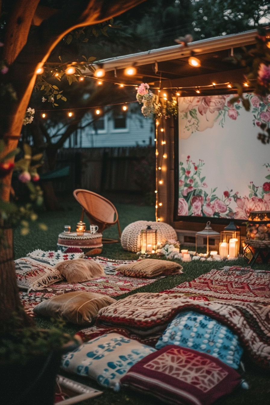 Backyard movie night. Chunky patterned blankets and floral cushions under soft fairy lights.