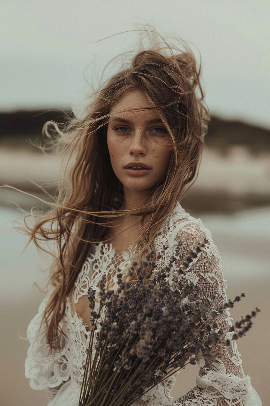 Boho beach wedding. Asymmetric lace dress with dried lavender bouquet.