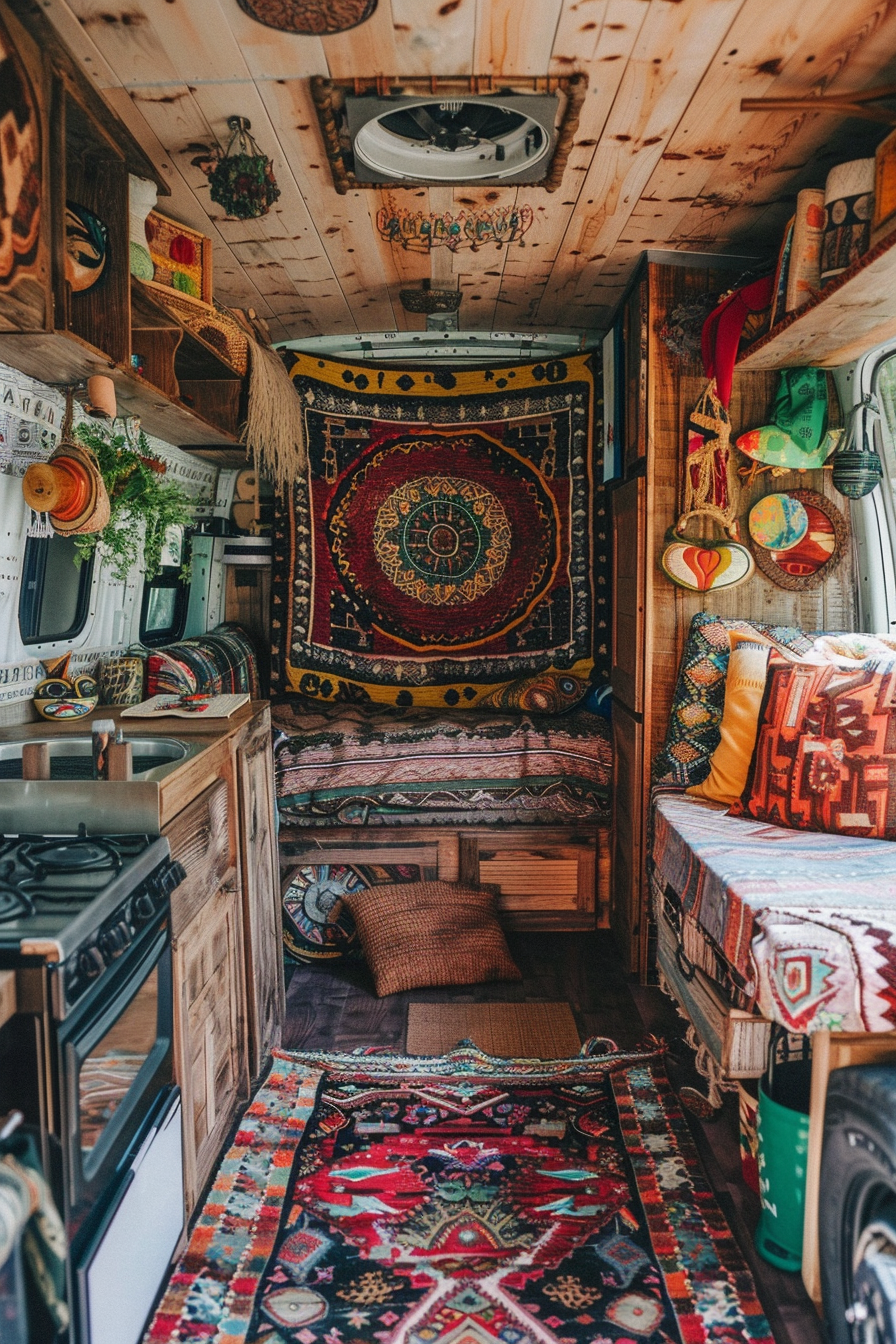 Sprinter van camper. Boho design with vibrant hanging tapestry and rustic wooden furniture.