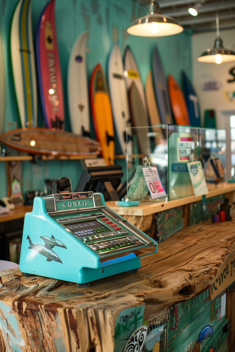 Surf Shop Design. Turquoise cash register atop driftwood countertop with surfboard decals.