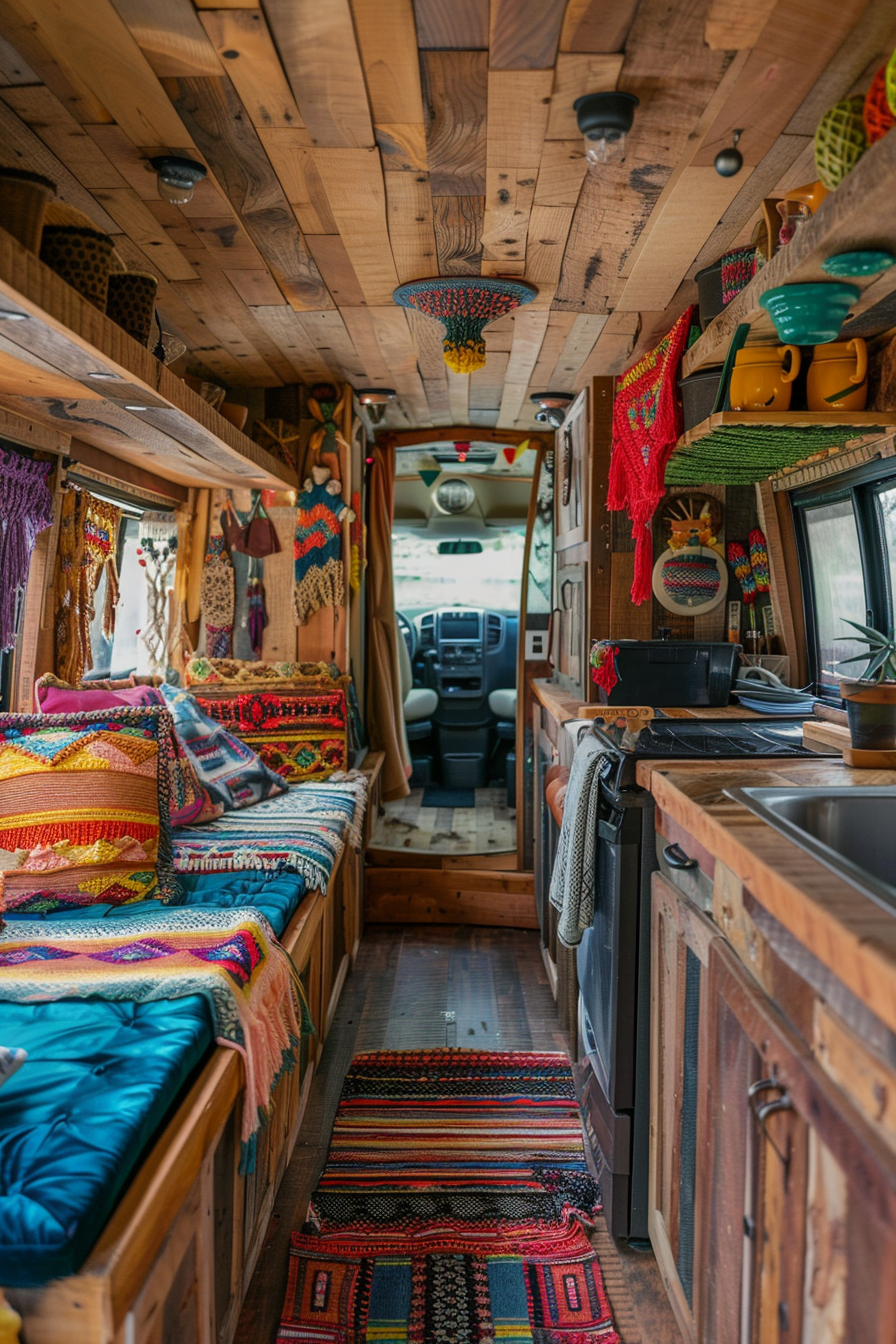 Converted Sprinter van camper. Rustic wood interior with colorful macramé decorations.