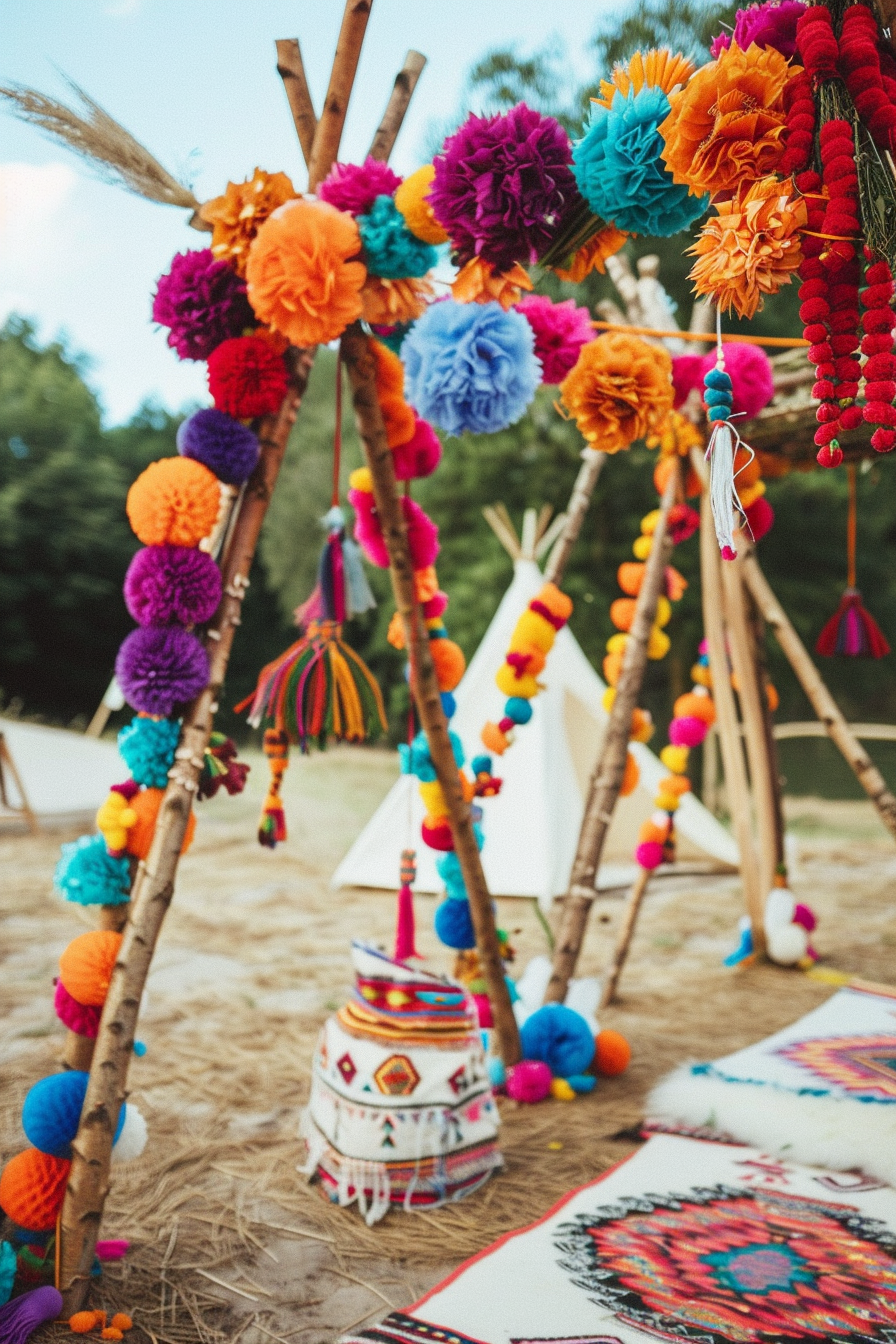 Wedding setting. Boho style tepee arches with brightly colored pom-pom decorations.