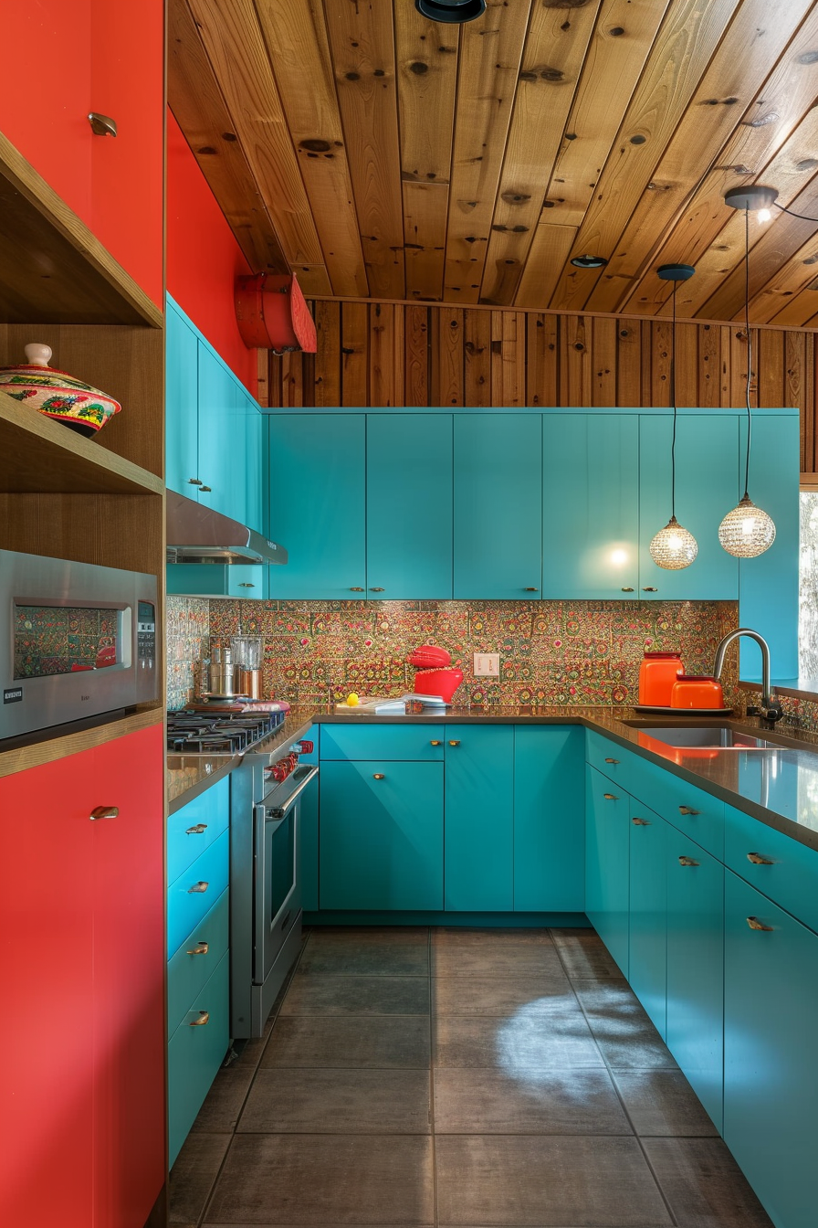 Mid Century Modern Kitchen. Turquoise cabinets with route red walls.