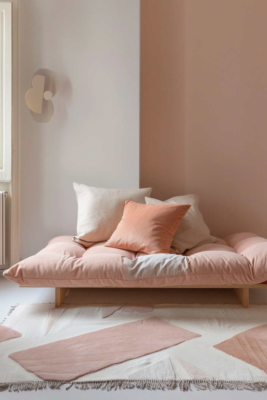 Aztek Japandi Pastel Bedroom. Peach-toned futon on ivory geometric rug.