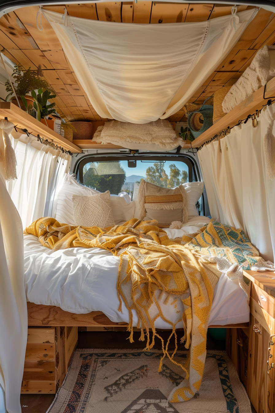 Converted Sprinter van camper. Full-width view of teak bed and macramé canopy.