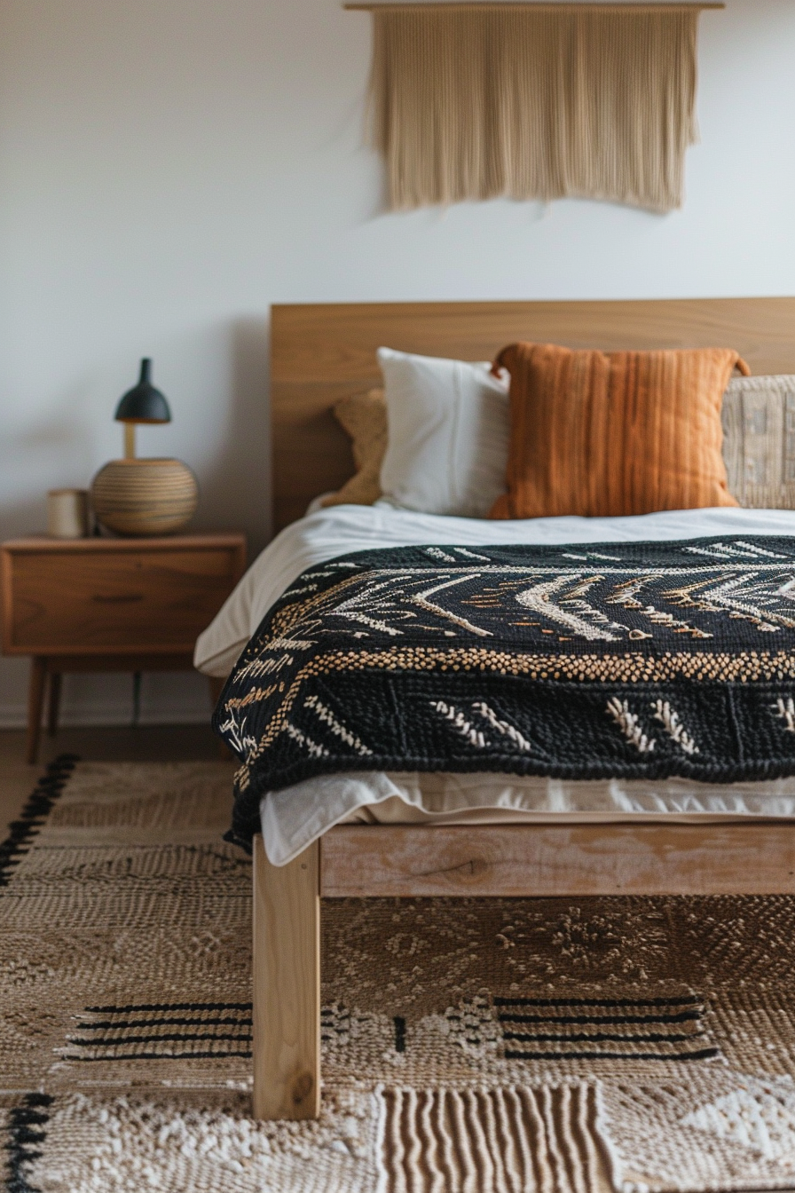 Japandi x Aztek bedroom design. Natural wood bedframe with black woven Aztec rug.