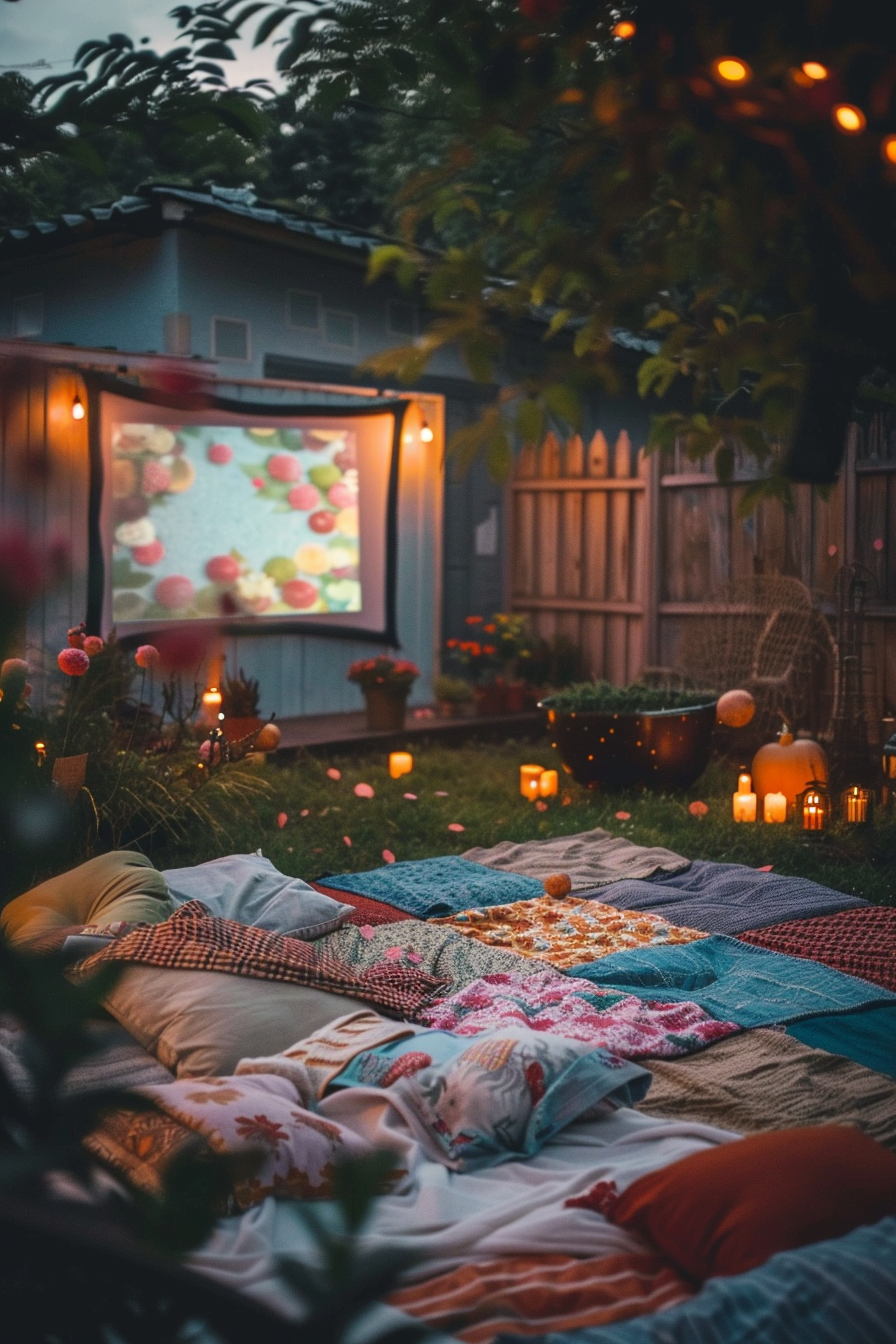 Backyard movie night. Patchwork picnic blanket, white projector screen, colorful ambiance.