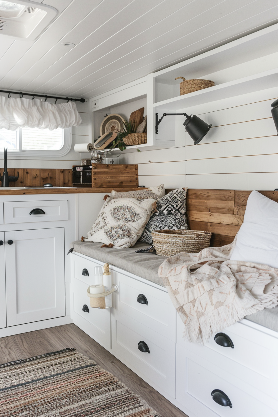 Modern camper van interior. White cabinets, wooden surface, fabric-boho-inspired patterned cushions.