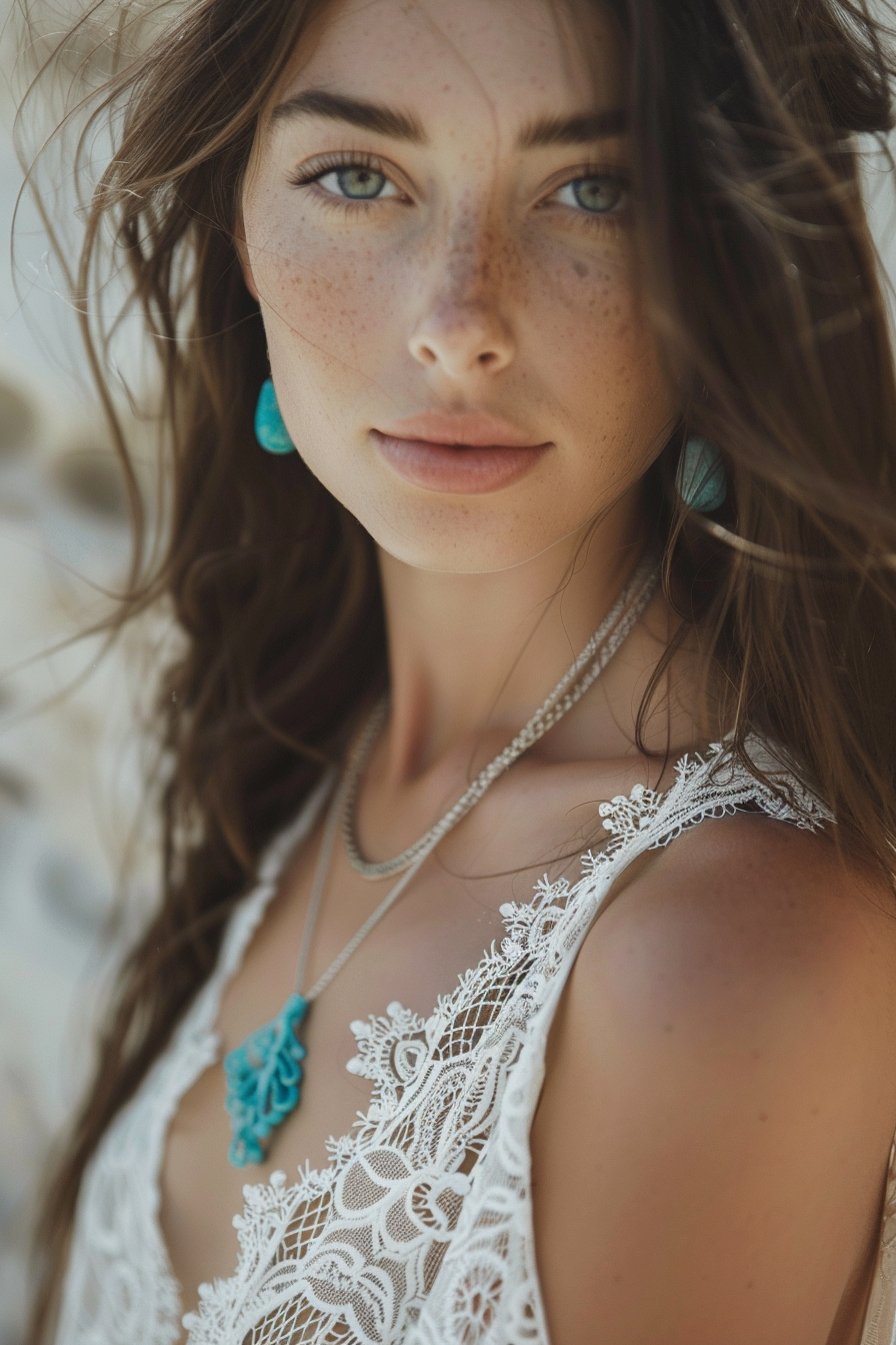 Boho beach wedding. Ivory lace maxi dress with turquoise jewellery.