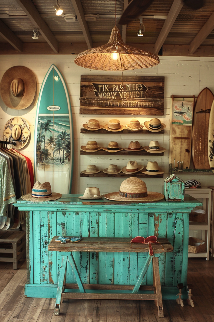 Surf shop design. Turquoise display counter adorned with vintage surfboards and straw hats.