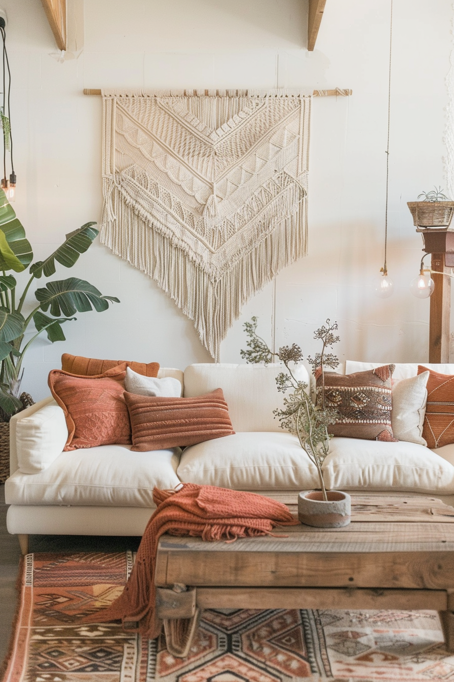 Boho-modern earthy living room. Wide view with a cream macrame wall hanging.