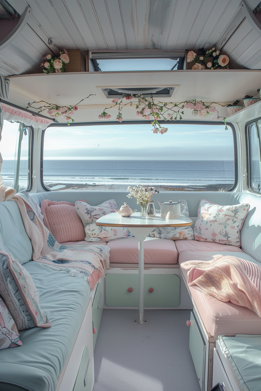 Coastal camper van interior. Wide view, pastel upholstery, beach visible from open windows.