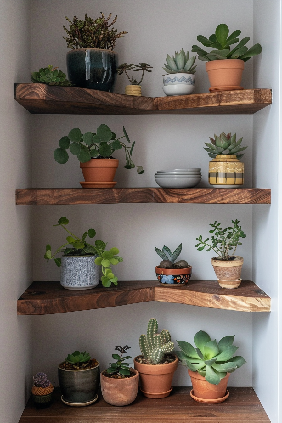 Japandi kitchen corner. Walnut shelving unit with small succulents.