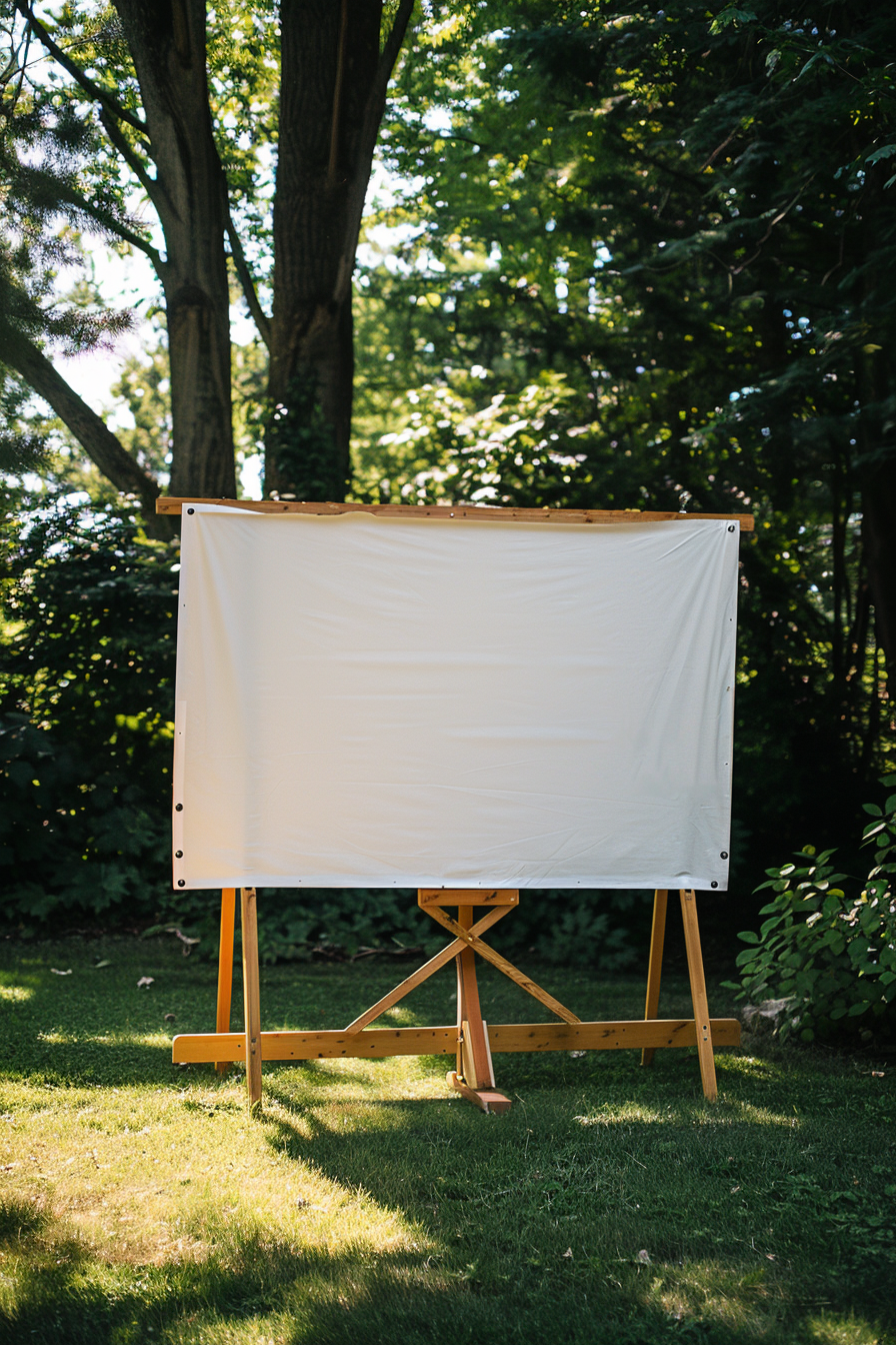 Backyard movie night. Off-white projector screen on vintage cedar wood easel.