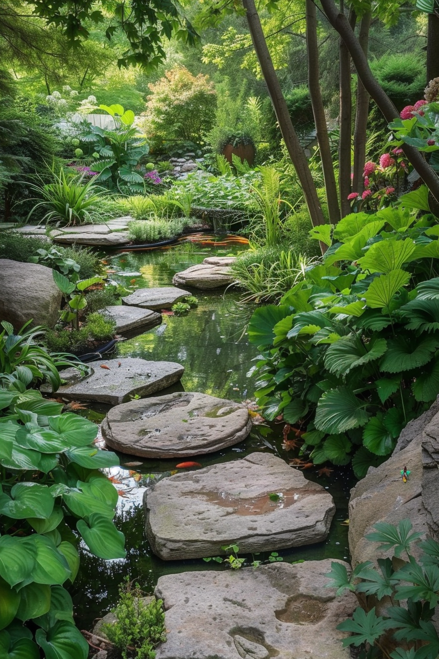 Beautiful backyard view. Stone path amidst lush greenery with a koi pond.