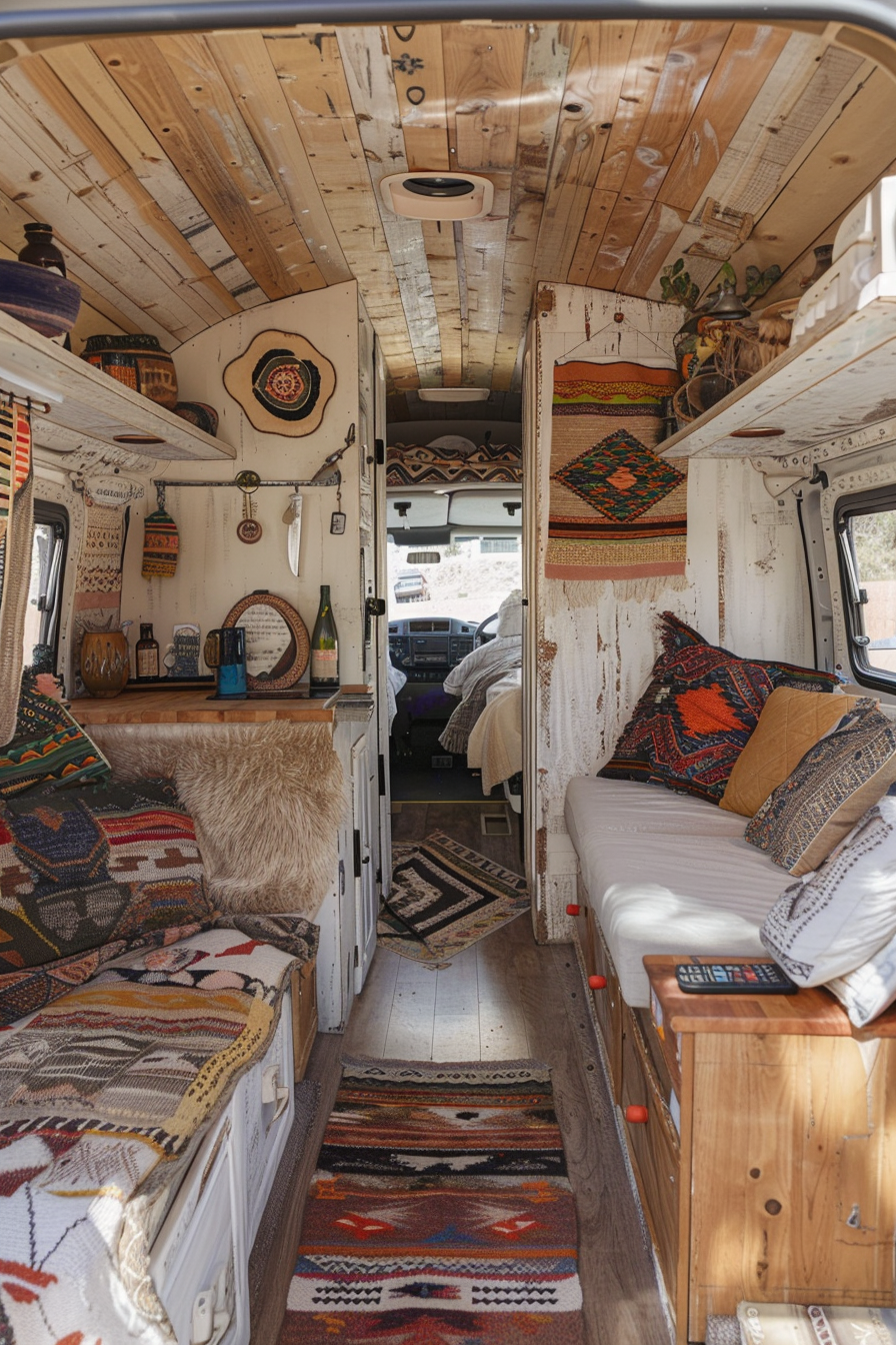 Converted Sprinter van camper. Wide interior, boho design, rustic woodwork, whitewash, colorful tapestries, open layout.