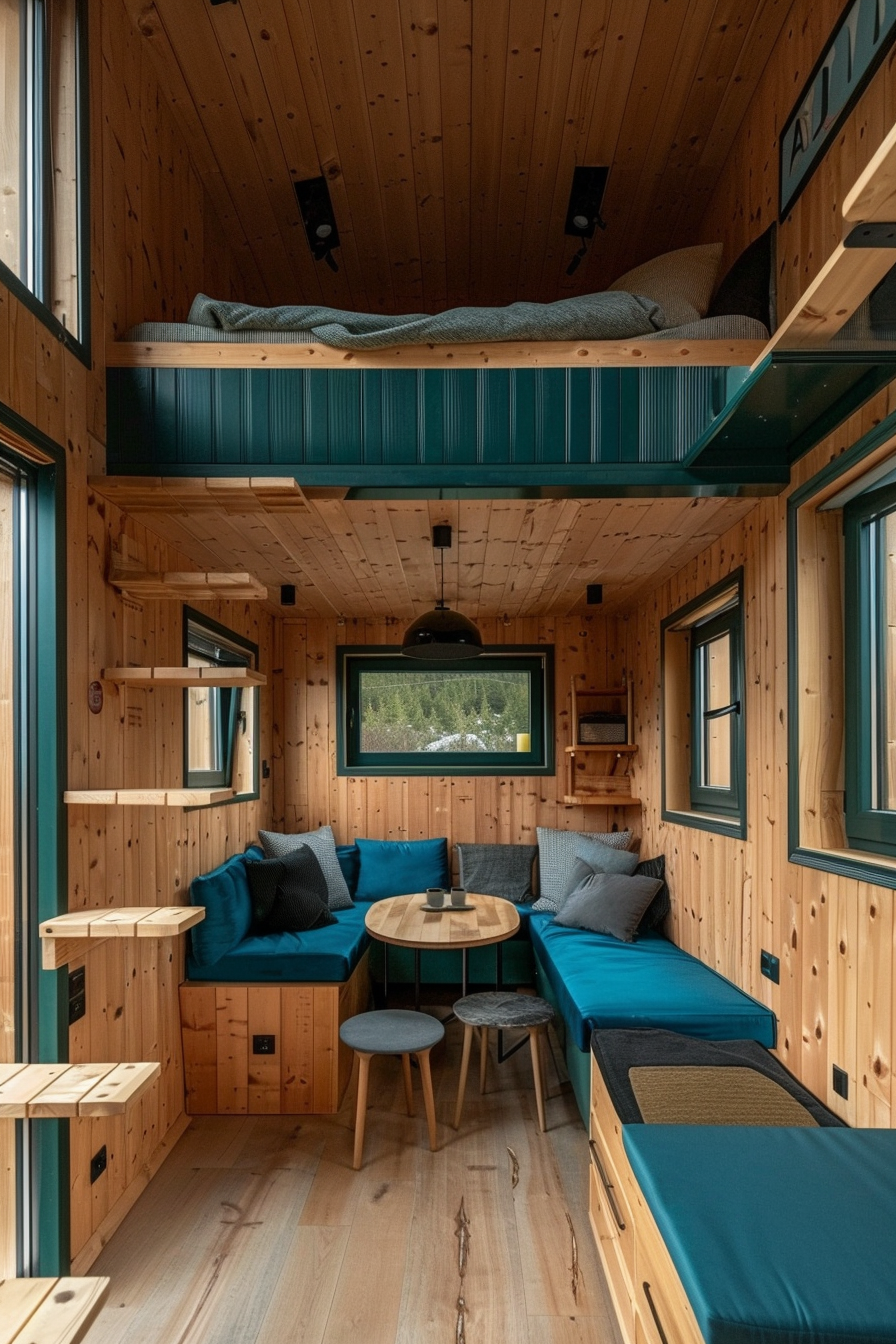 Tiny house. Pine wood interior with teal accents and space-saving furniture.