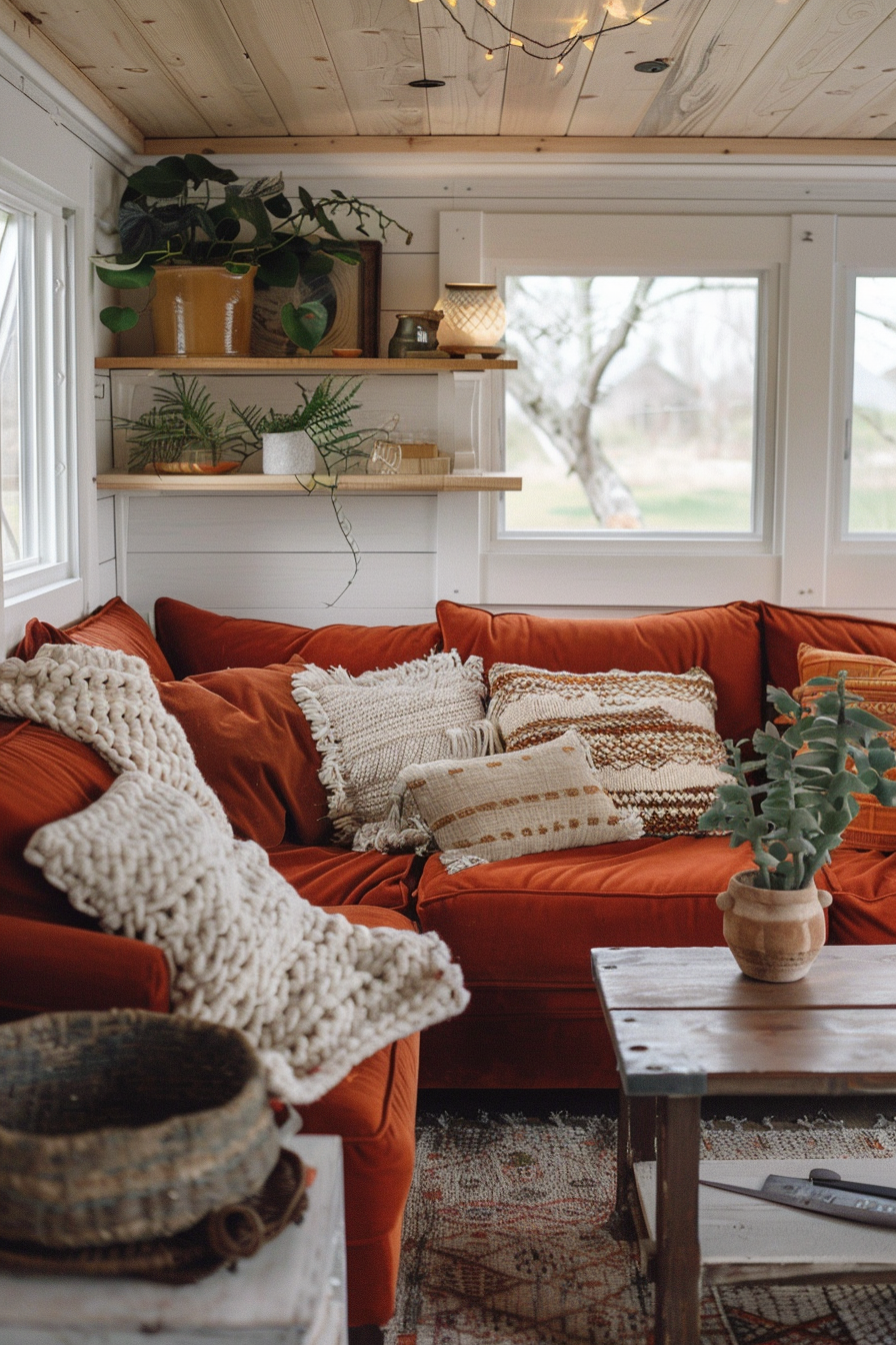 Tiny house living room. Rust-red plush sofa, wooden coffee table, knitted throw blankets.