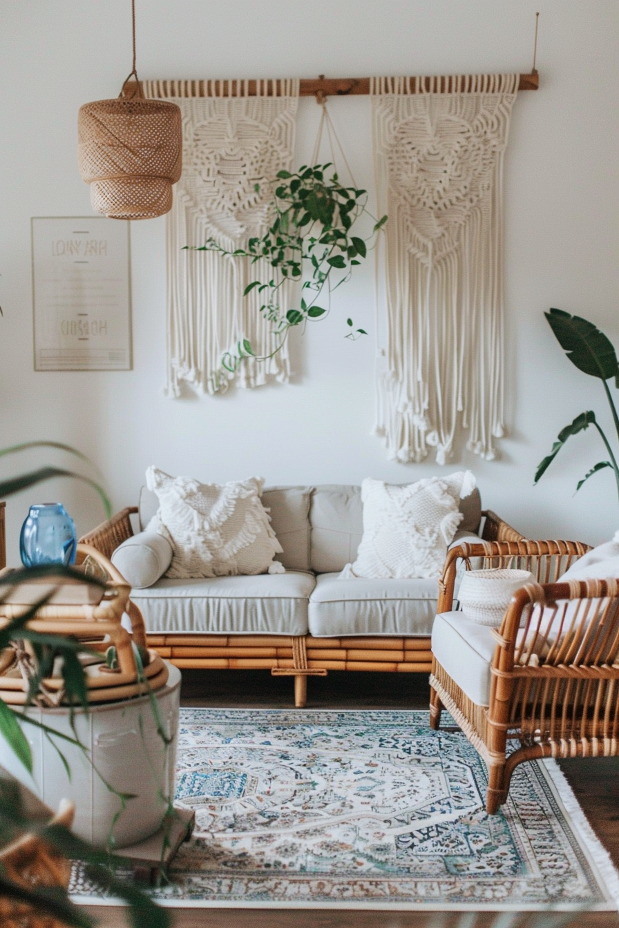 Wide view of Boho-modern living room. Earthy toned macramé wall hanging with rattan armchairs.