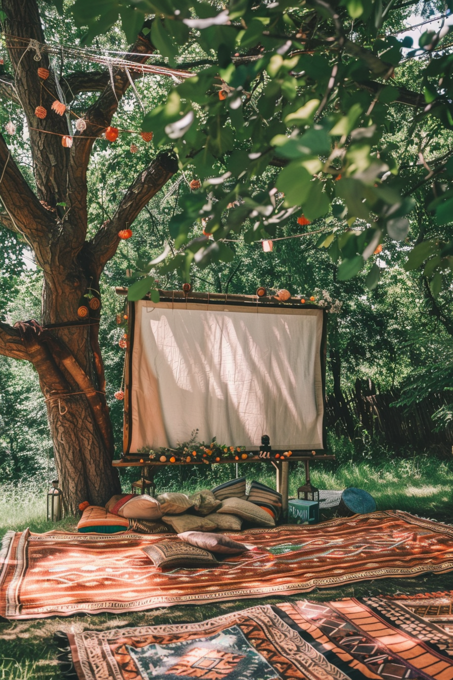 Backyard movie night. Boho picnic blanket with projector screen against tree backdrop.