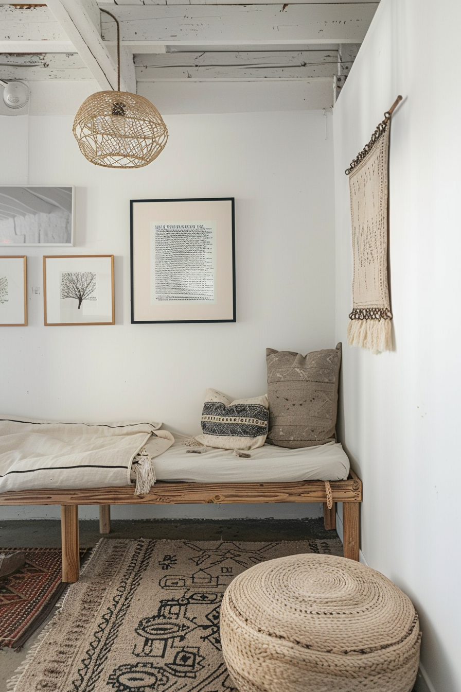 Minimalist dorm room. Whitewashed walls with unframed line art drawings.