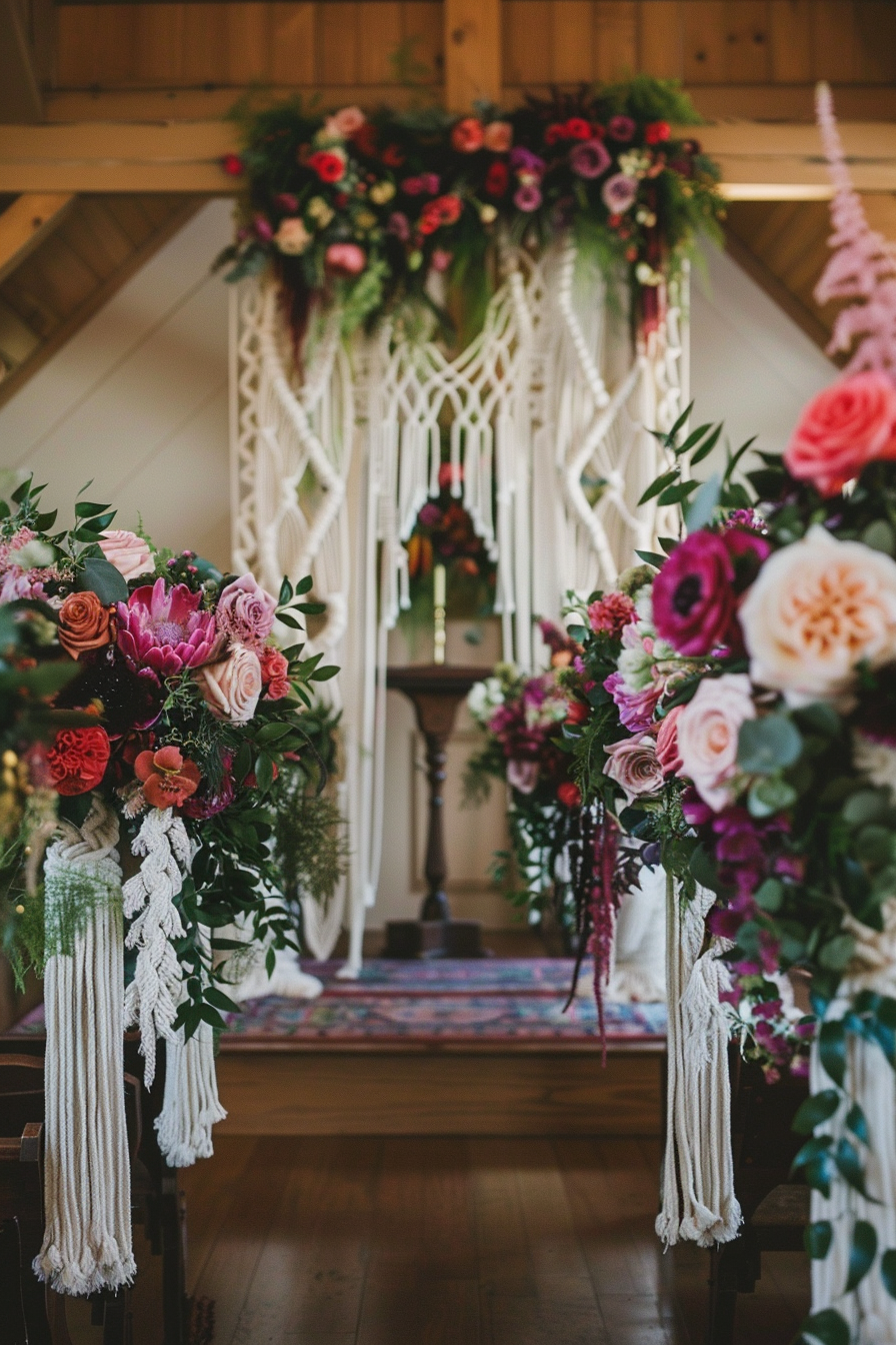 Boho wedding design. Braided floral arrangements on macrame altar.