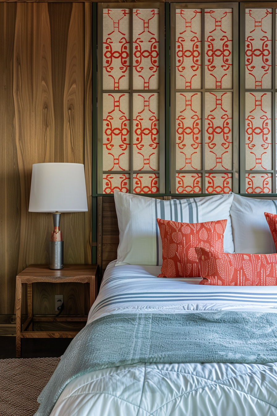 Aztek Japandi pastel bedroom. Pale green Shoji screen with vermillion Aztek patterns.