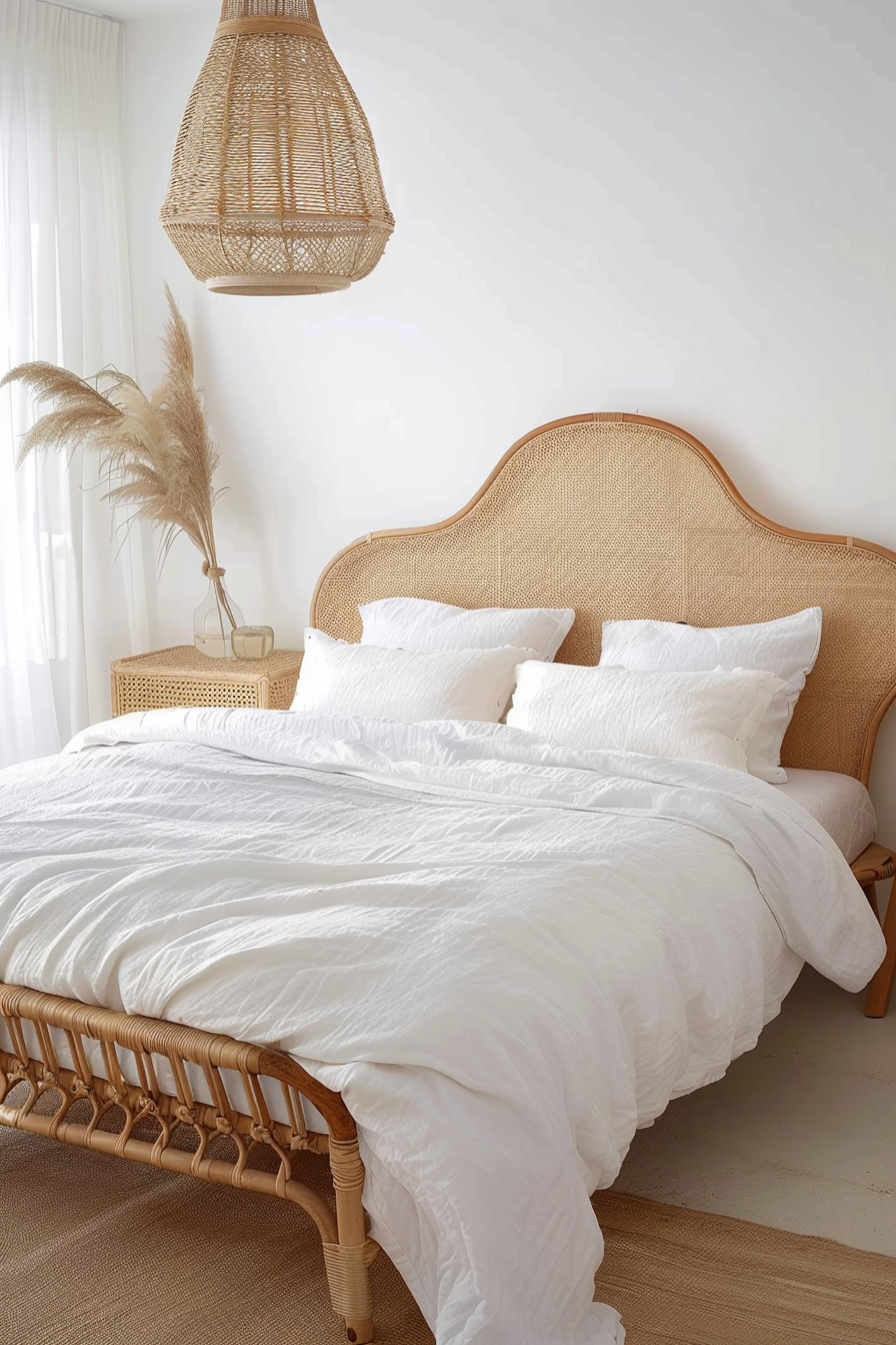 Neutral bedroom. White bedding with rattan bedframe.