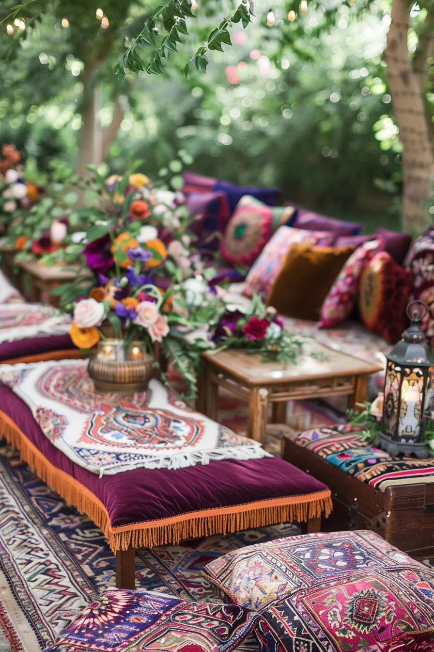 Boho wedding decor. Jewel-toned lounge area with embroidered pillows and Persian rugs.