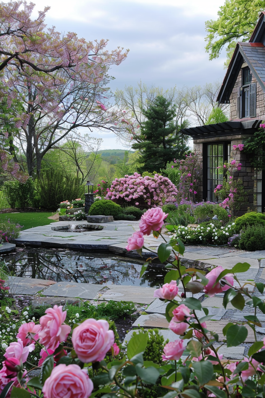 Backyard view. Stone patio surrounded by blossoming rose bushes and a garden pond.