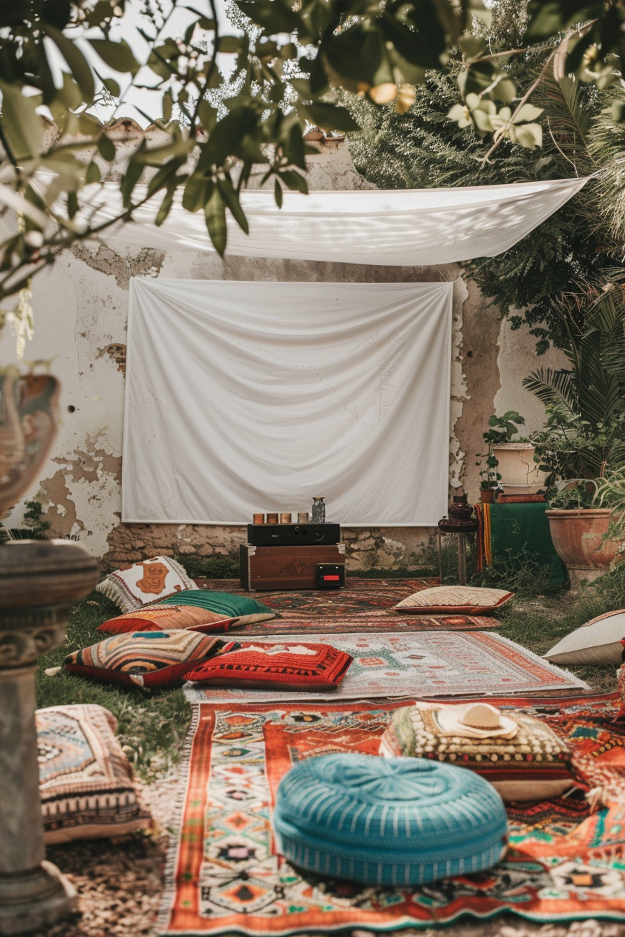 Backyard movie night. Portable projector with white hanging canvas, surrounded by boho rugs and cushions.