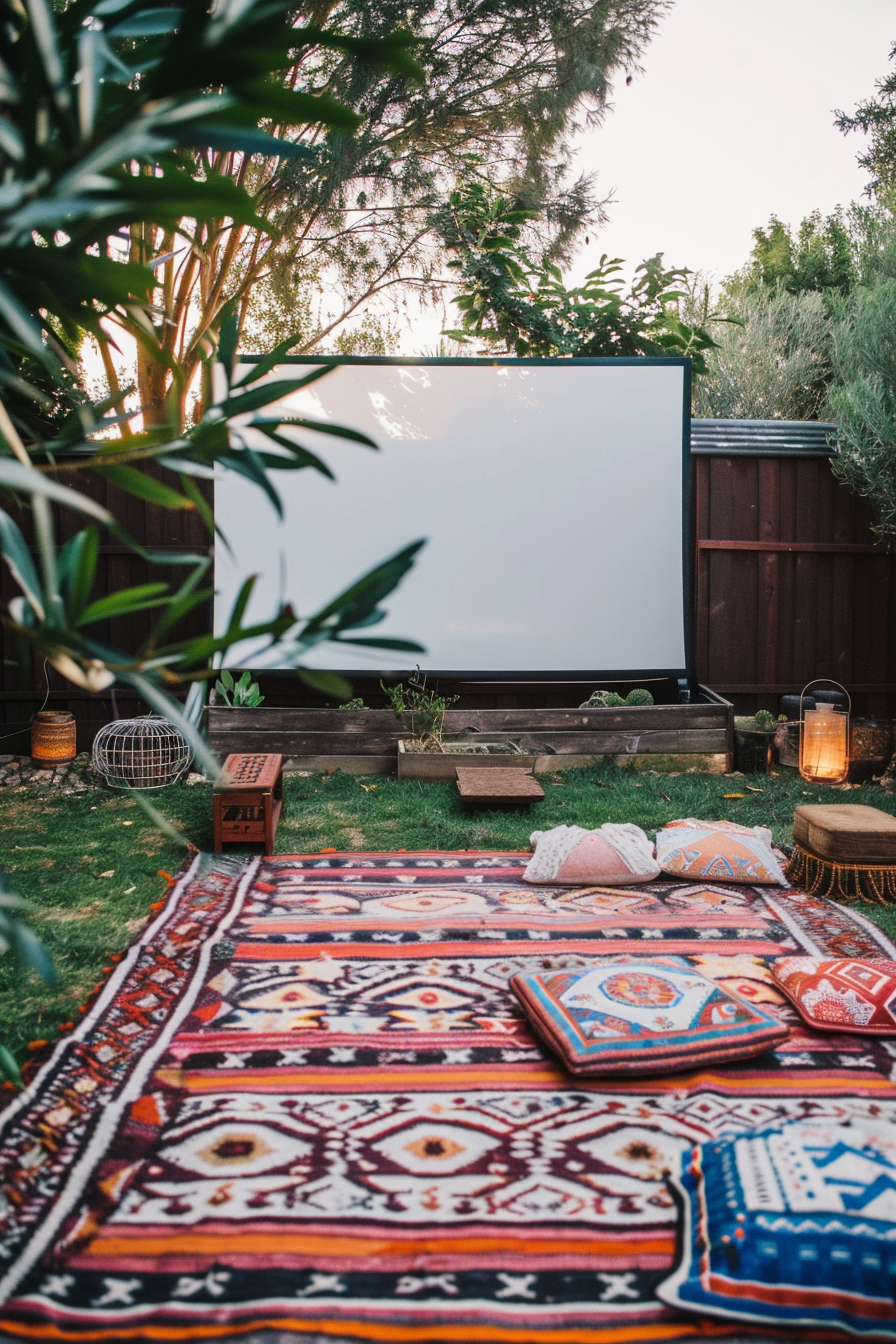 Backyard movie night. Luxe multicolored tribal rug under a white projector screen.