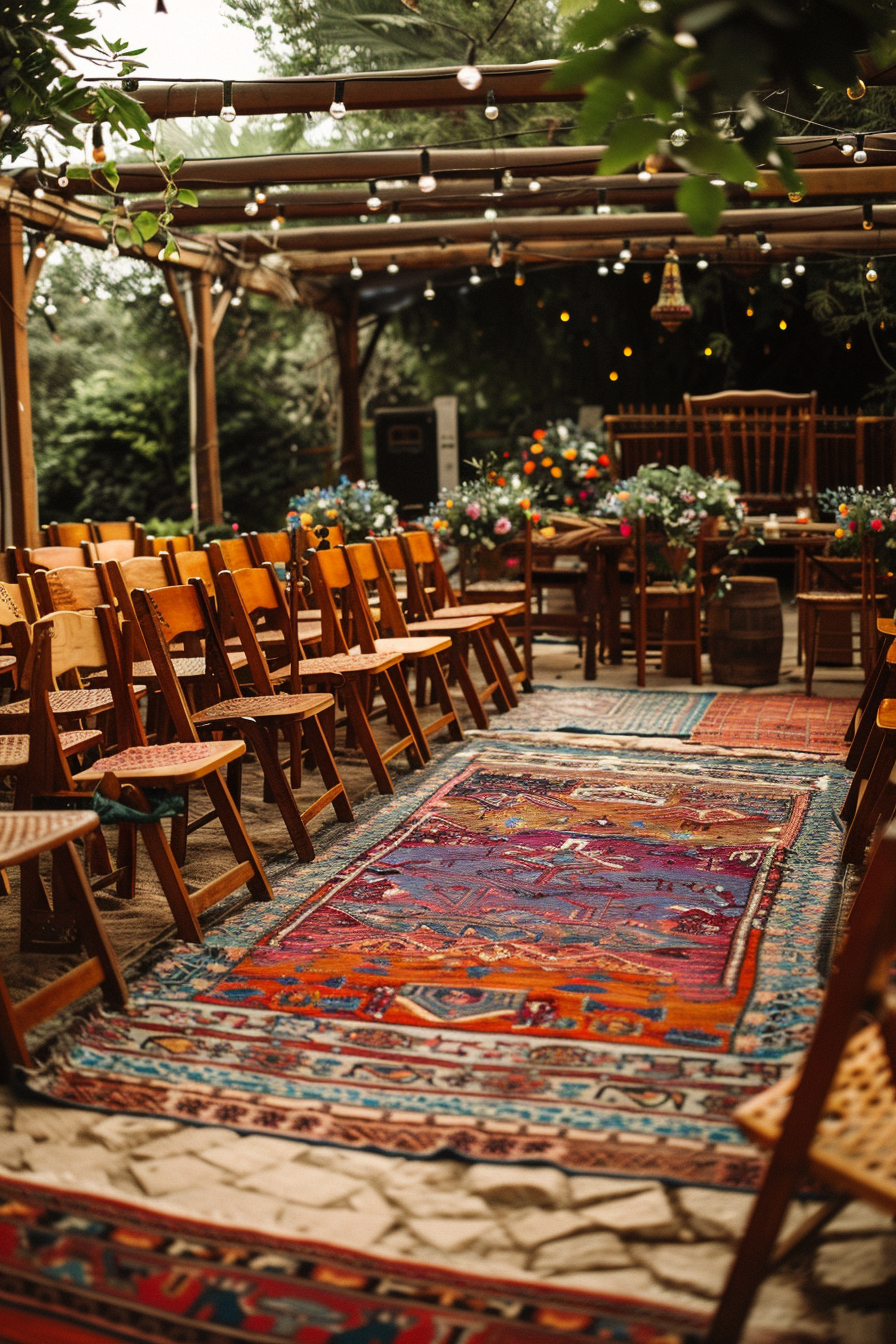 Full wide view. Boho wedding decoration. Mismatched wooden chairs with colorful rugs.