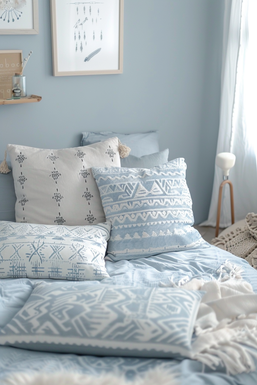 Aztek Japandi Pastel Bedroom. Pale blue futon with minimalistic pastel aztec pattern.