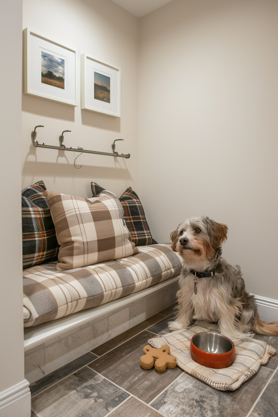 Personal corner design for dog. Plaid dog bed, ceramic bowls, chew toys, and wall-mounted leash hooks.