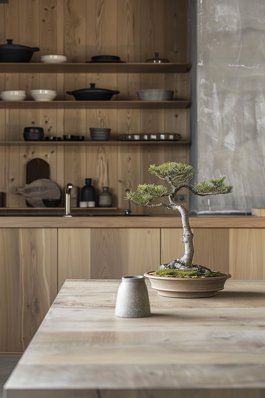 Japandi kitchen. Minimalist cabinetry with bonsai.