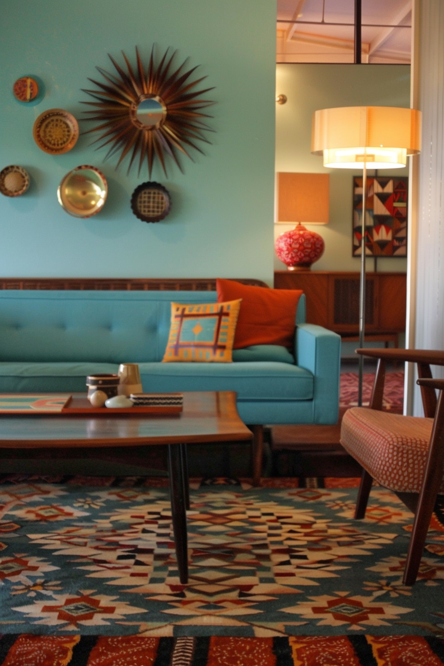 Mid-century modern living room. Turquoise sofa with geometric pattern rug.